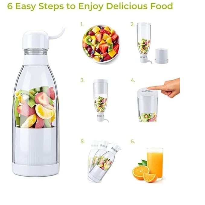Portable Mini Juicer Bottle | Wireless Personal Size Juicer Blender for Smoothies and Shakes with 4 Blades | USB Rechargeable Juicer Cups For Home, Travel, Gym and Office