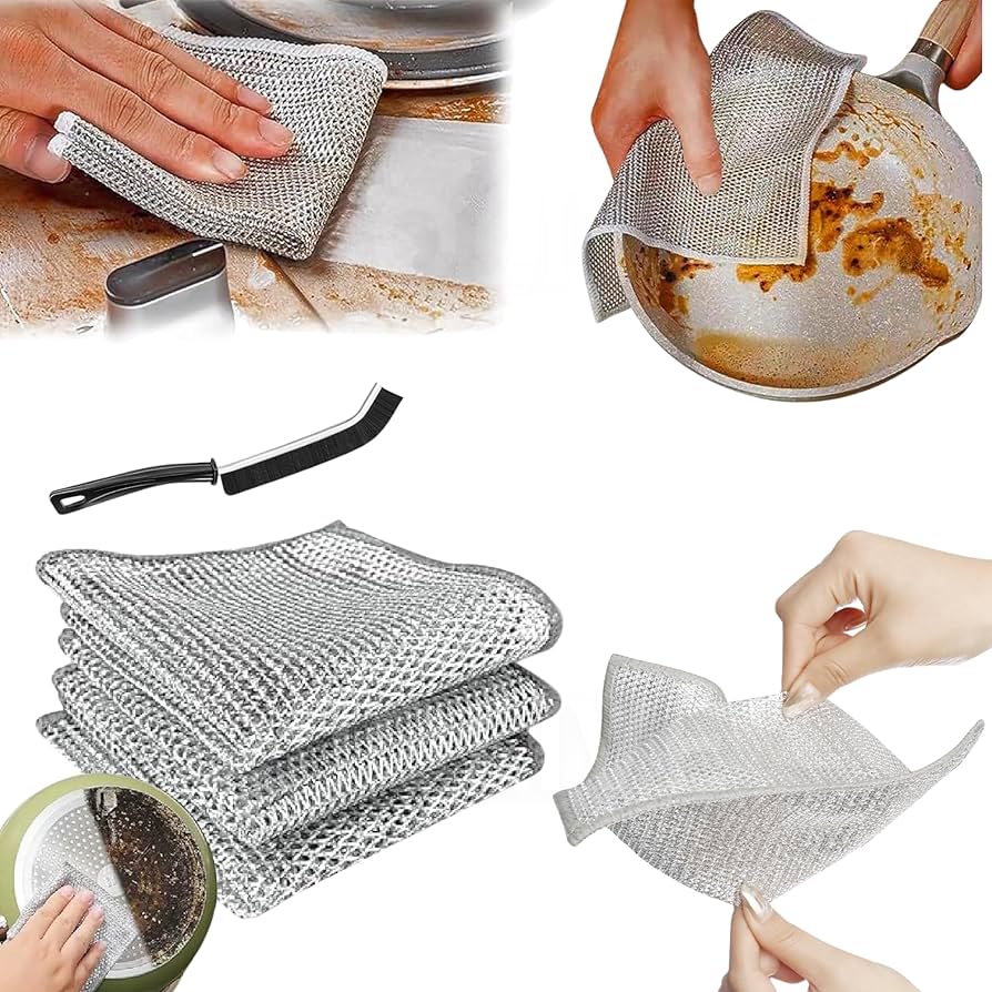 Qty : 10 Pcs Multipurpose Wire Dishwashing Rags for Wet and Dry Stainless Steel Scrubber Non-Scratch Wire Dishcloth for Washing Dishes Sinks Counters Easy Rinsing Machine Washable