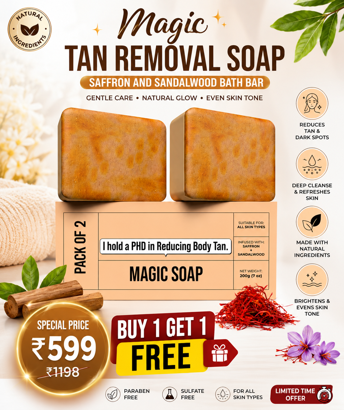 Sandalwood Saffron Magic Soap 💛🧼 (BUY 1 GET 1 FREE ) (Pack Of 2 ) only @599