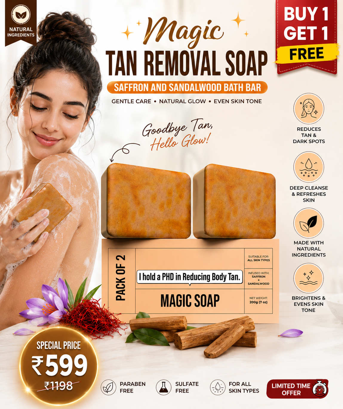 Sandalwood Saffron Magic Soap 💛🧼 (BUY 1 GET 1 FREE ) (Pack Of 2 ) only @599