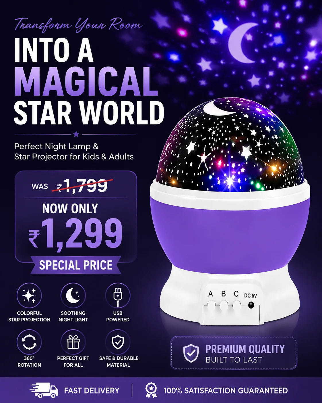 ✨ Galaxy Star Projector Night Lamp | 360° Rotating LED Moon & Star Light | Magical Bedroom Decor for Kids & Families | Only ₹1,299