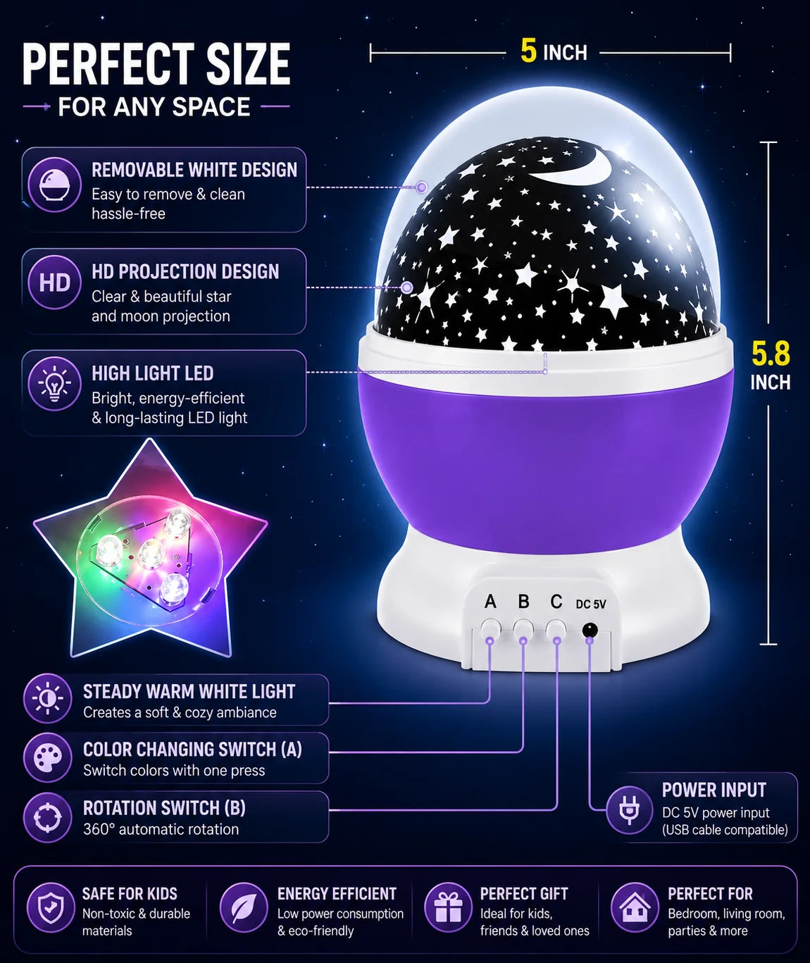 ✨ Galaxy Star Projector Night Lamp | 360° Rotating LED Moon & Star Light | Magical Bedroom Decor for Kids & Families | Only ₹1,299