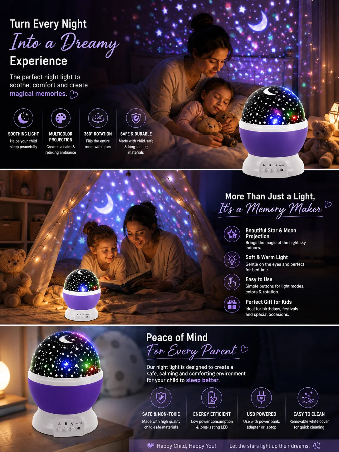 ✨ Galaxy Star Projector Night Lamp | 360° Rotating LED Moon & Star Light | Magical Bedroom Decor for Kids & Families | Only ₹1,299