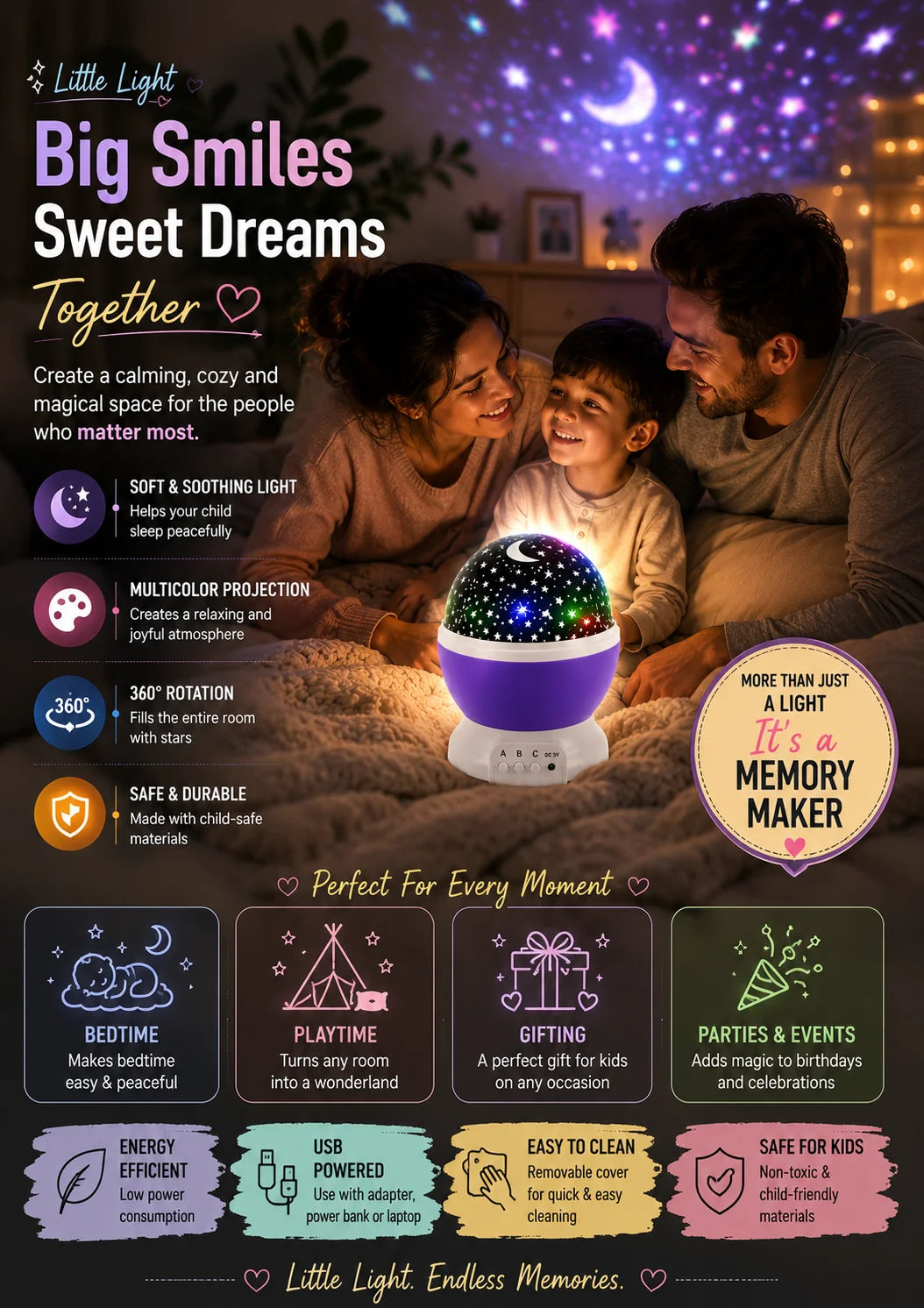 ✨ Galaxy Star Projector Night Lamp | 360° Rotating LED Moon & Star Light | Magical Bedroom Decor for Kids & Families | Only ₹1,299